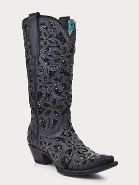 WOMEN'S BLACK GLITTER INLAY FLORAL OVERLAY WITH CRYSTALS AND STUDS SNIP Size 8.5